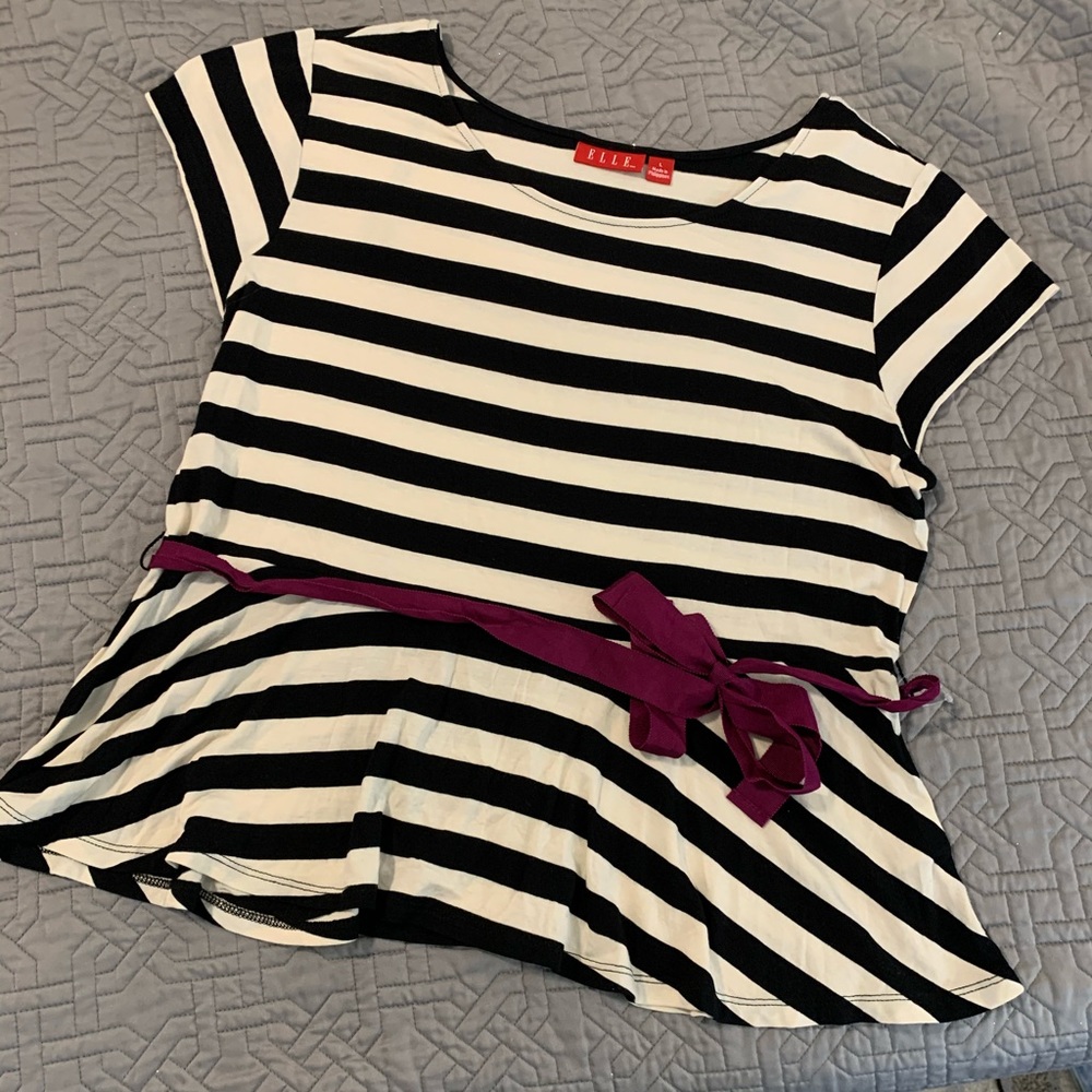 NWOT Black & Cream striped peplum top w/ ribbon